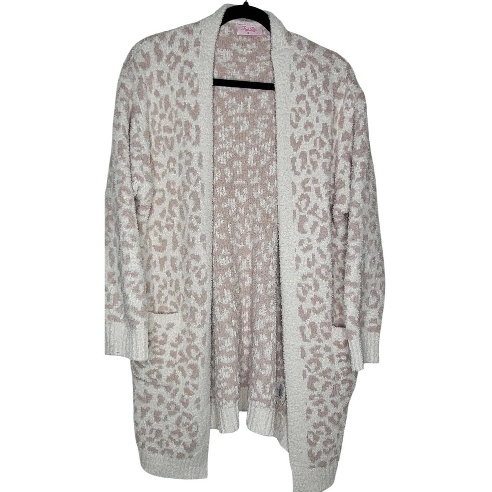 Pink Lily Beige White Knit Cozy Cardigan‎ Sweater Leopard Print Pockets S  Women